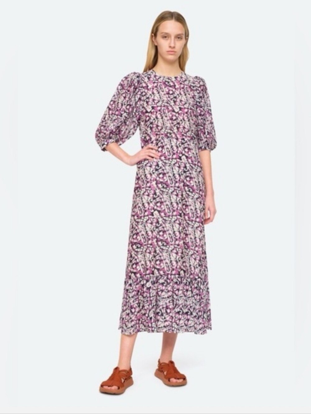 Sea New York abstract print cotton and silk blend puff sleeves midi dress